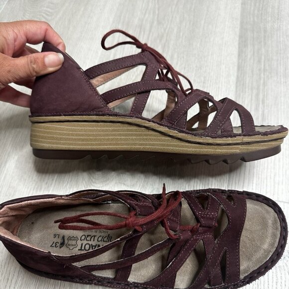NAOT Yarrow Leather Ghillie Lace-Up Wedge Sandals Burgundy Women EU 37 US 6 - Picture 5 of 8